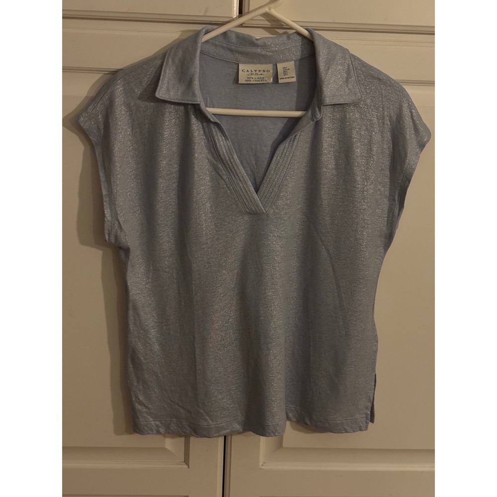 Calypso St. Barth Women's‎ Blue Linen Lyocell Blend V Neck Short Sleeve Top